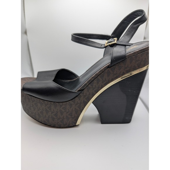 Michael Kors Womens Black Leather MK Signature Platform Wedge Sandals Size 8.5 - Picture 6 of 11